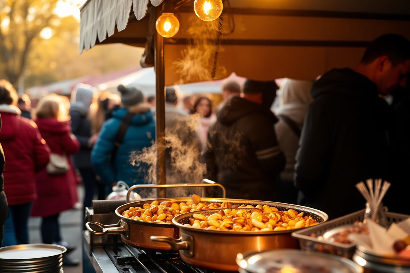 Nuttery roasting cart at a busy outdoor market